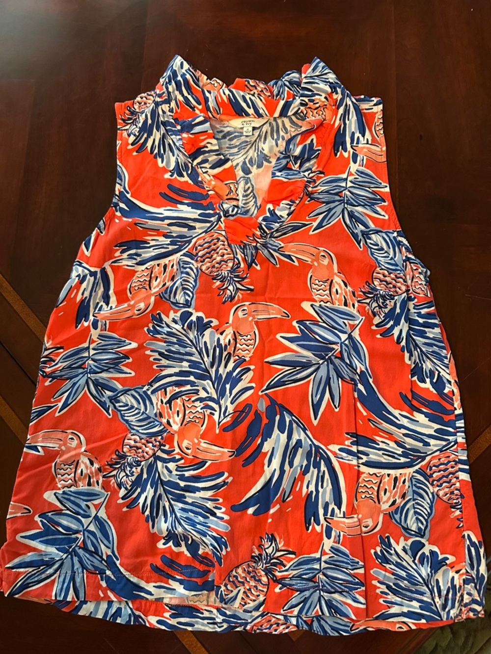crown & ivy Coral and Blue Printed Ruffle Tank